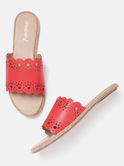 

DressBerry Women Red Laser Cuts Open Toe Espadrille Flats