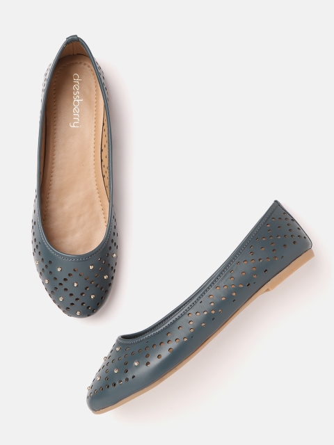 

DressBerry Women Teal Blue Laser Cut Ballerinas with Studded Detail