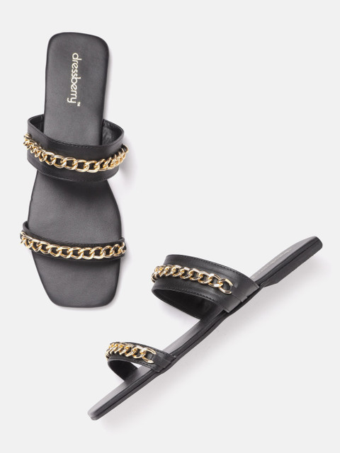 

DressBerry Women Black & Gold-Toned Link Chain Detail Open Toe Flats