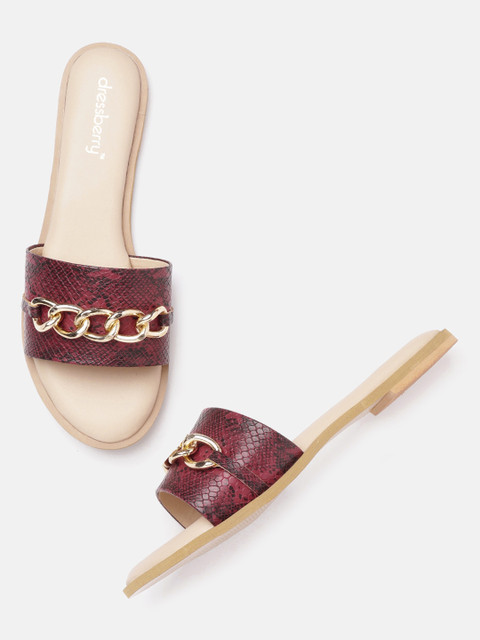

DressBerry Women Maroon & Black Snakesin Textured Open Toe Flats
