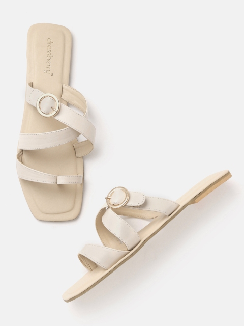 

DressBerry Women Off-White Solid Strappy One Toe Flats with Buckle Detail