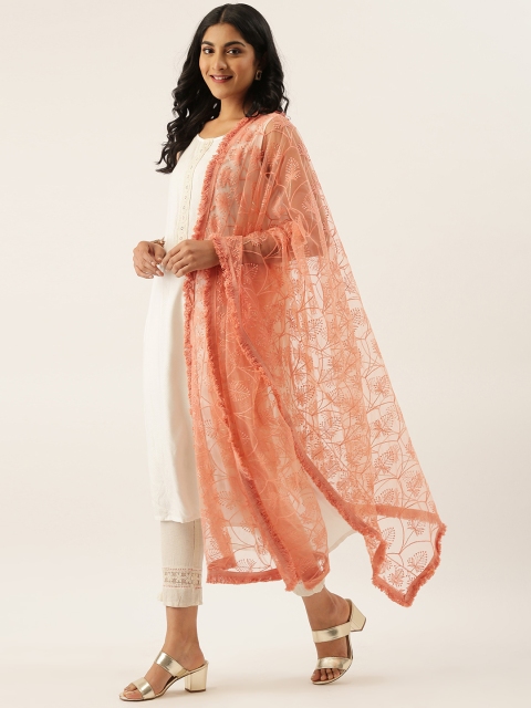 

LADUSAA Peach-Coloured Embroidered Dupatta