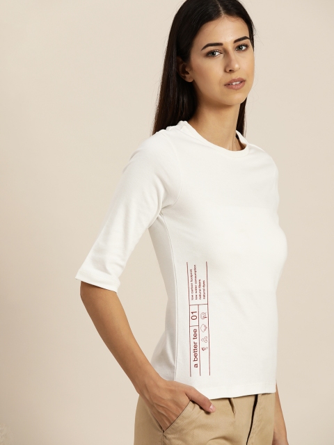 

ether Women White Pure Cotton Printed Detail Pure Cotton T-shirt