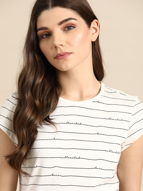 

ether Kora Collection Women White Sustainable Unbleached Fabric Striped Pure Cotton T-shirt