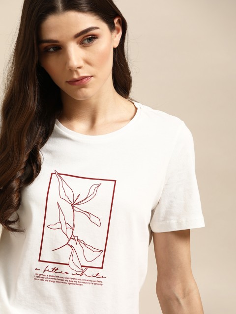 

ether Kora Collection Women White Sustainable Unbleached Fabric Cotton Printed Pure Cotton T-shirt