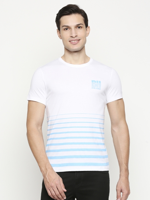 

Being Human Men White & Turquoise Blue Striped Pure Cotton T-shirt