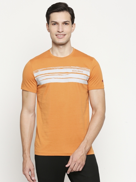 

Being Human Men Orange & White Brand Logo Striped Pure Cotton T-shirt