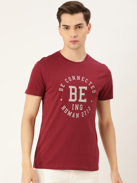 

Being Human Men Maroon & Grey Pure Cotton Brand Logo Print T-shirt