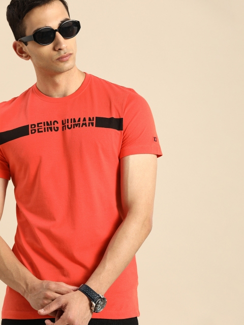 

Being Human Men Coral Orange Printed Round Neck T-shirt