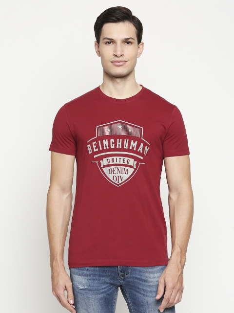 

Being Human Men Maroon & Silver Brand Logo Printed Pure Cotton T-shirt