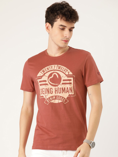 

Being Human Men Rust Red & Peach-Coloured Brand Logo Printed Pure Cotton T-shirt