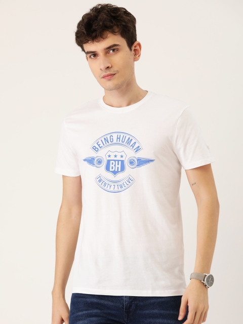

Being Human Men White & Blue Brand Logo Printed Pure Cotton T-shirt
