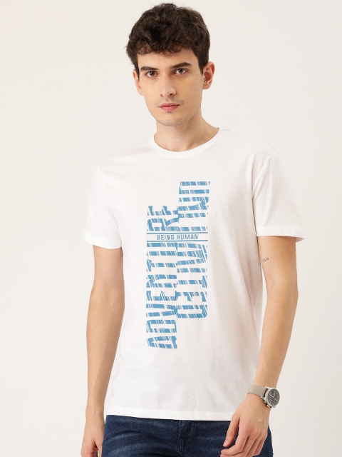 

Being Human Men White & Blue Brand Logo Printed Pure Cotton T-shirt