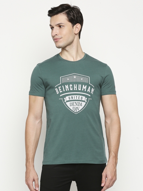 

Being Human Men Teal Green & White Brand Logo Printed Pure Cotton T-shirt