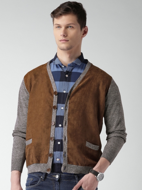 

Mast & Harbour Men Brown & Beige Colourblocked Cardigan