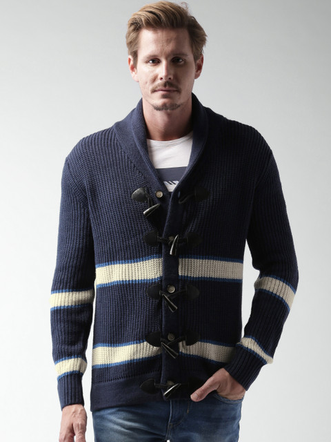 

Mast & Harbour Men Navy Blue Striped Sweater