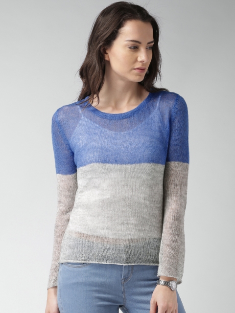 

Mast & Harbour Blue & Grey Melange Colourblocked Top