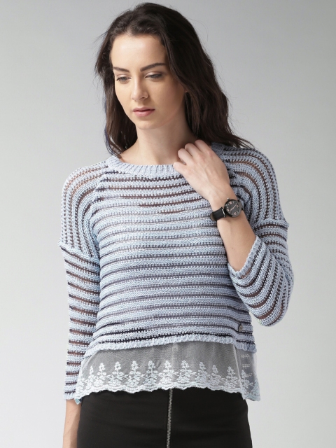 

Mast & Harbour Blue Self-Striped Top with Lace Detail