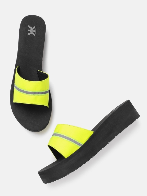 

Kook N Keech Women Fluorescent Green & Charcoal Grey Striped Handcrafted Flip Flops
