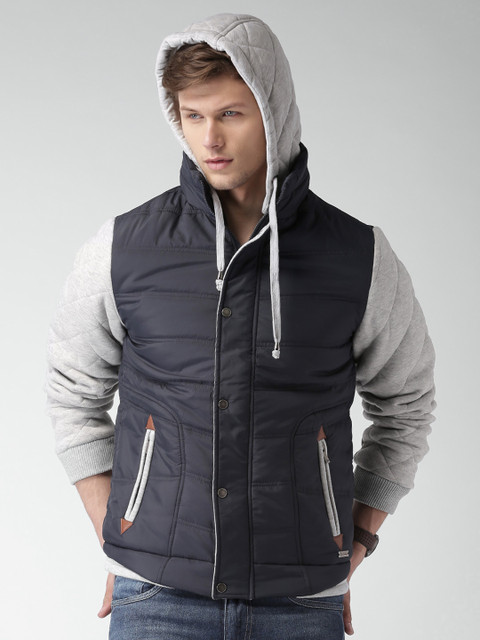 

Mast & Harbour Grey Melange & Blue Colourblock Jacket with Detachable Hood