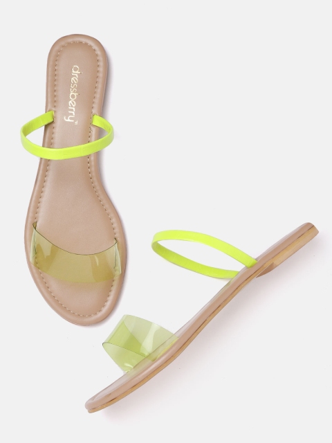 

DressBerry Women Fluorescent Green Croc-Textured Detail Open Toe Flats