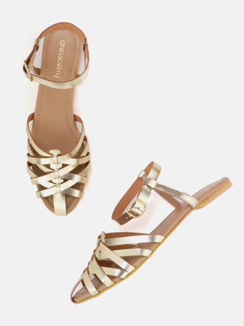 

DressBerry Women Gold-Toned Solid Criss-Cross Strap Flats
