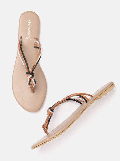 

DressBerry Women Black & Tan Brown Striped Open Toe Flats