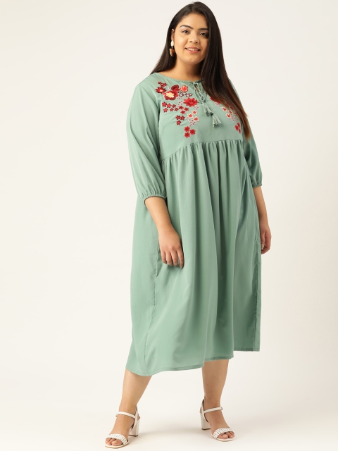 

MELON Plus Size Women Green Embroidered A-Line Dress With Tie-Up Neck & Puff Sleeves