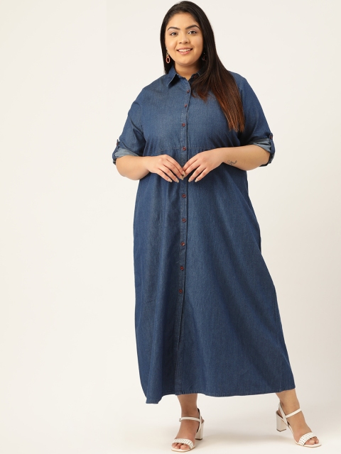 

MELON Women Navy Blue Solid Pure Cotton Maxi Denim Dress