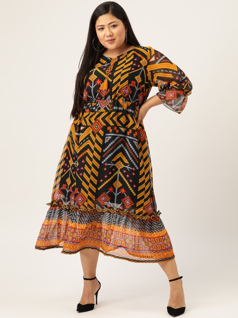 

MELON Plus Size Women Navy Blue & Mustard Yellow Geometric Printed A-Line Dress