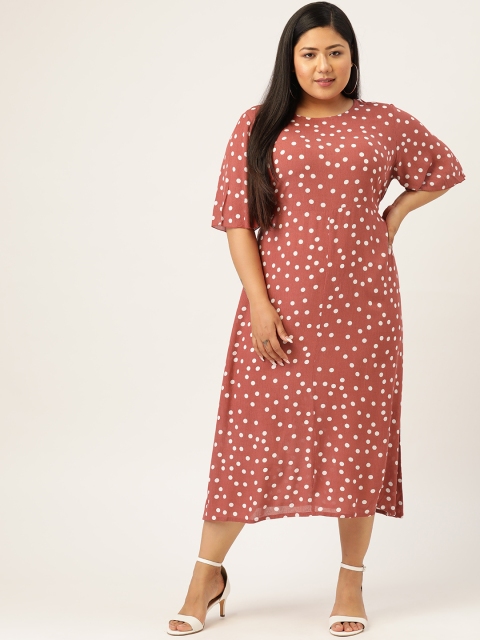 

MELON Plus Size Women Brown & White Polka Printed A-Line Dress