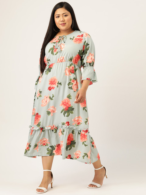 

MELON Plus Size Women Sea Green & Pink Floral Printed Fit and Flare Dress