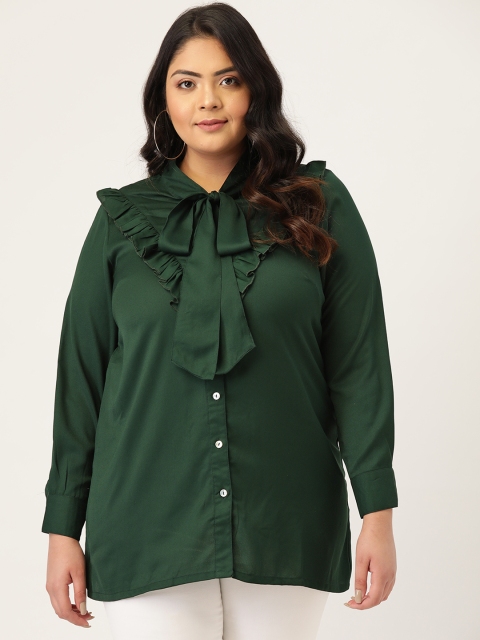 

Melon Women Plus Size Green Solid Ruffle Tie-up Shirt Style Top