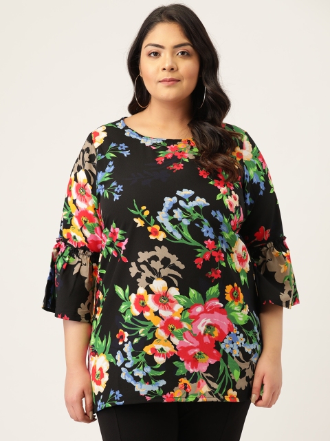 

Melon Plus Size Black & Blue Floral Print Bell Sleeves Top