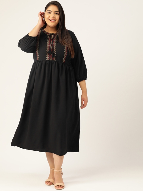 

MELON Women Black Embroidered A-Line Dress With Tie-Up Neck & Puff Sleeves