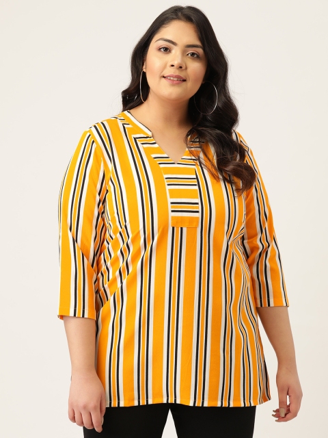 

Melon Plus Size Yellow & Black Vertical Striped Mandarin Collar Regular Top