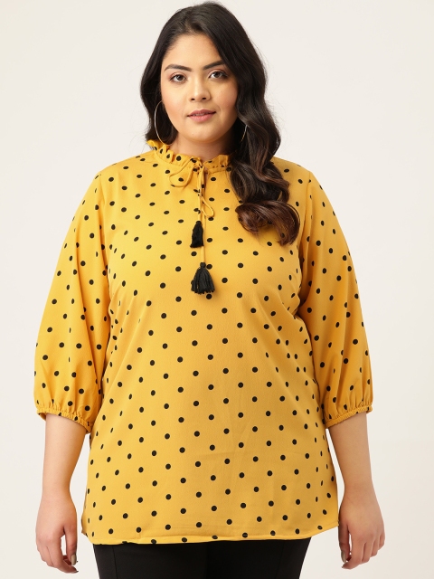 

Melon Plus Size Mustard Yellow & Black Polka Dots Tie-Up Neck Puff Sleeves Top