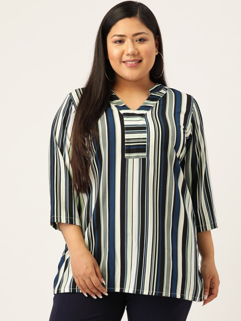 

Melon Plus Size Green & White Vertical Striped Mandarin Collar Regular Top