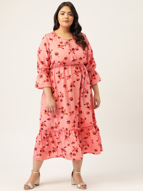 

MELON Plus Size Women Pink & Yellow Floral Printed Fit and Flare Dress