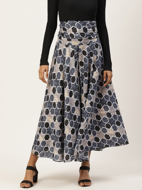 

Trend Arrest Women Navy Blue & Grey Geometric Print Flared Palazzos