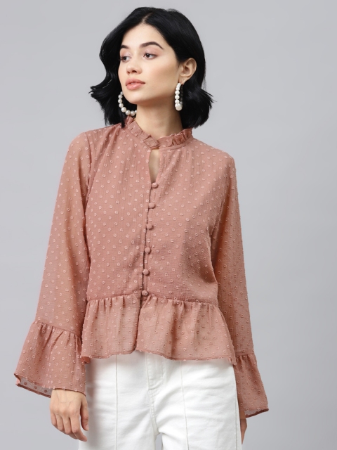 

SASSAFRAS Women Dusty Pink Geometric Mandarin Collar Bell Sleeves Top