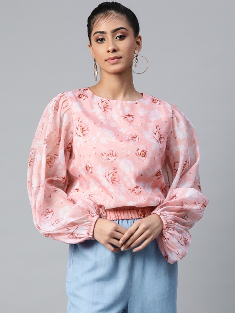 

SASSAFRAS Pink & Off-White Floral Printed Puff Sleeves Top