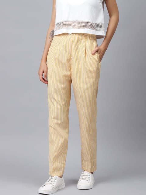 

SASSAFRAS Women Yellow & White Straight Fit Striped Regular Trousers