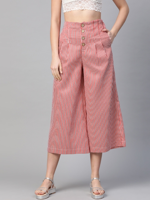 

SASSAFRAS Women Red & White Regular Fit Striped Parallel Cropped Trousers
