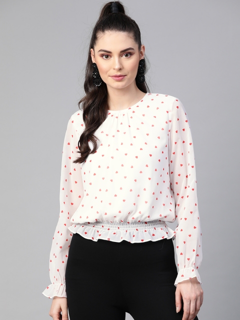 

SASSAFRAS Women White & Red Hearts Printed Puff Sleeves Georgette Blouson Top