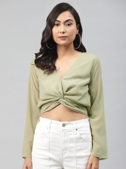 

SASSAFRAS Green Solid Twisted Cropped Georgette Top