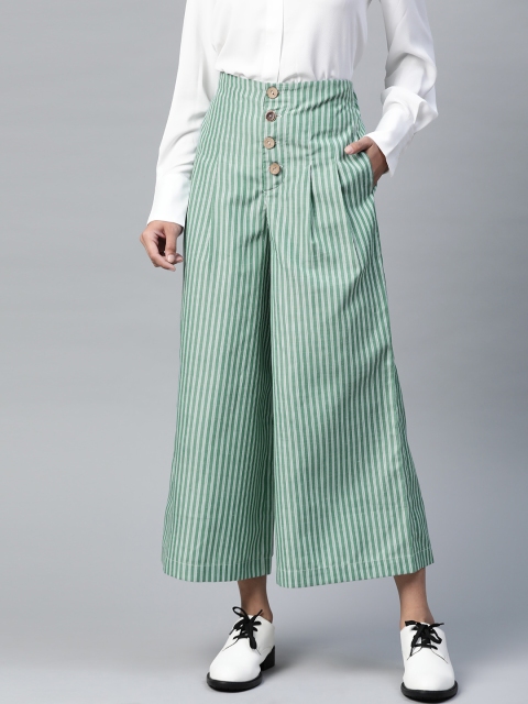 

SASSAFRAS Women Green & White Regular Fit Striped Parallel Trousers
