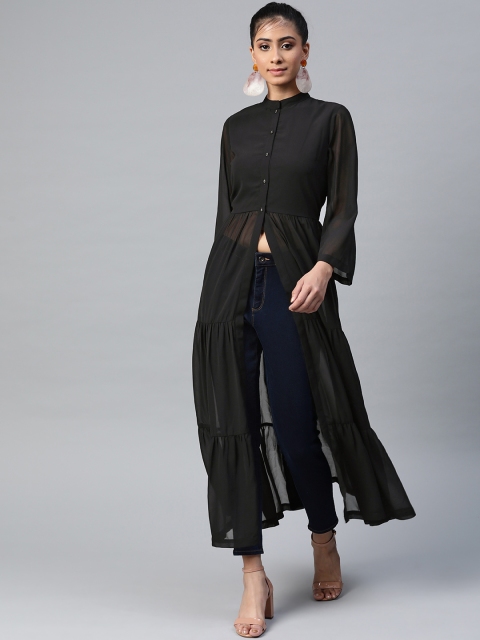 

SASSAFRAS Black Solid Mandarin Collar Tiered Longline Top