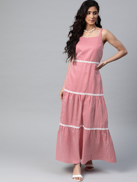 

SASSAFRAS Women Red & White Striped Tiered Maxi Dress