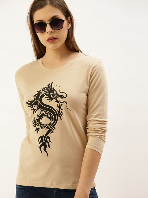 

DILLINGER Women Beige Printed Round Neck Regular Fit Pure Cotton T-shirt